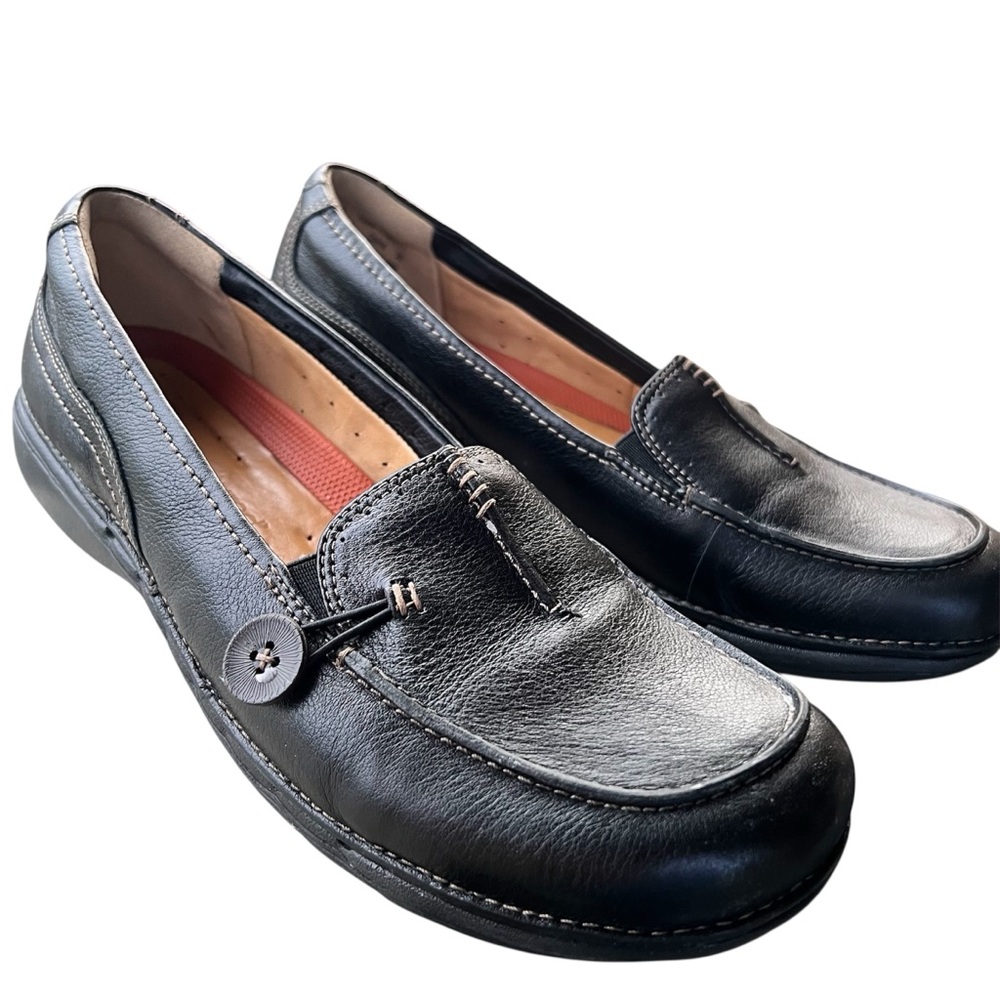 CLARKS Structured 87570 Walking Shoes BLACK LEATHER Sz 10N Flats SLIP-ON LOAFERS